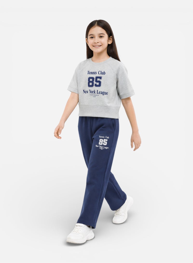 victor and jane Girls 2 Pc Set Tennis Club Print T-Shirt & Pants Set – Grey & Navy - Image 3